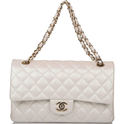 Chanel White Iridescent Quilted Lambskin Medium Classic Double Flap Bag Light Gold Hardware - image 7