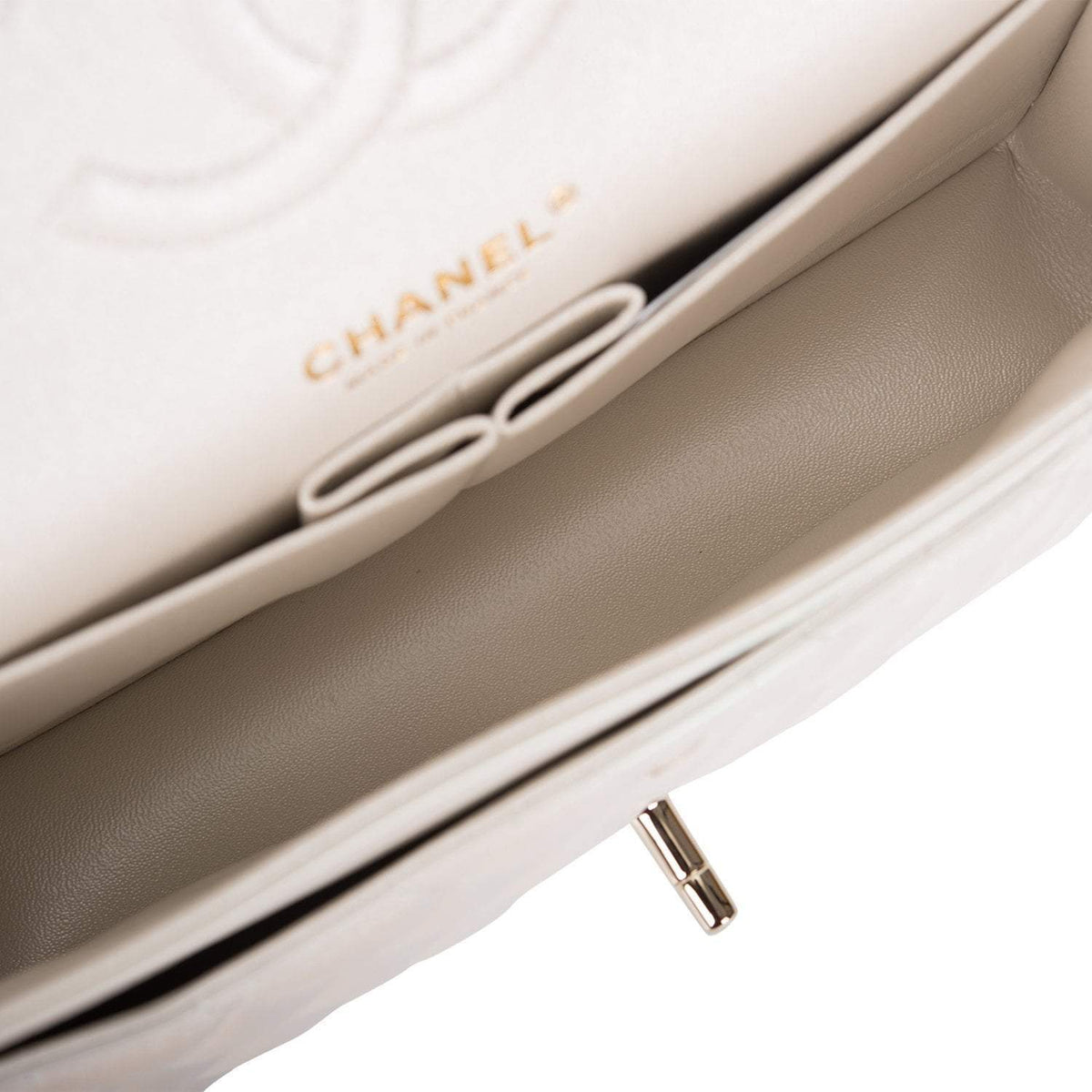 Chanel White Iridescent Quilted Lambskin Medium Classic Double Flap Bag Light Gold Hardware - image 8