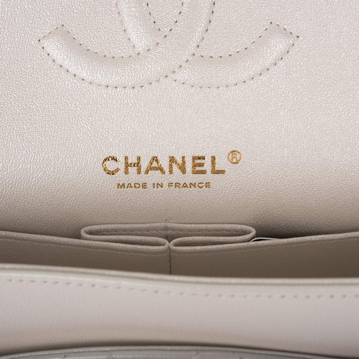 Chanel White Iridescent Quilted Lambskin Medium Classic Double Flap Bag Light Gold Hardware - image 9