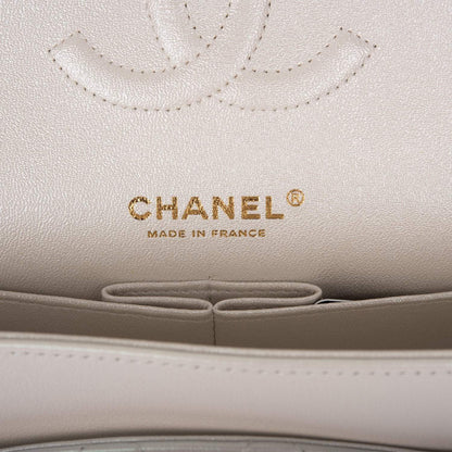 Chanel White Iridescent Quilted Lambskin Medium Classic Double Flap Bag Light Gold Hardware - image 9