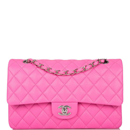 Chanel Neon Pink Quilted Lambskin Medium Classic Double Flap Bag Silver Hardware - photo 1