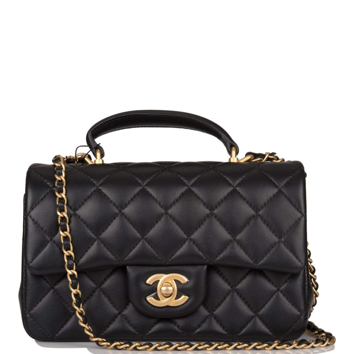 Chanel Black Quilted Lambskin Rectangular Mini Flap Bag with Top Handle Antique Gold Hardware - image 1
