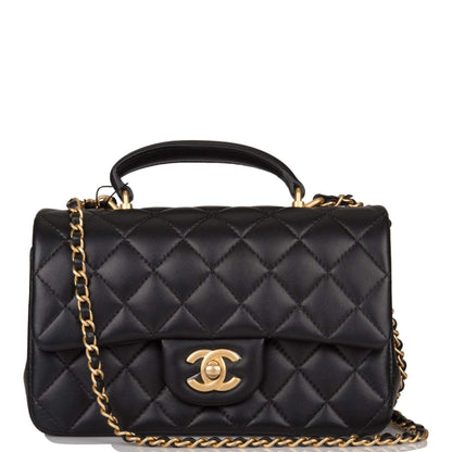 Chanel Black Quilted Lambskin Rectangular Mini Flap Bag with Top Handle Antique Gold Hardware - image 1