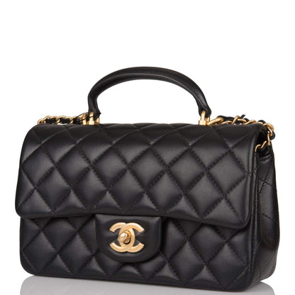 Chanel Black Quilted Lambskin Rectangular Mini Flap Bag with Top Handle Antique Gold Hardware - image 5