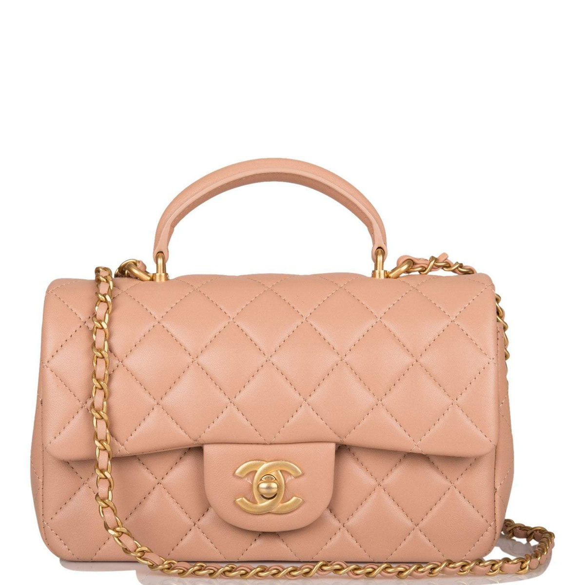 Chanel Mini Rectangular Flap with Top Handle Beige Lambskin Antique Gold Hardware - image 1