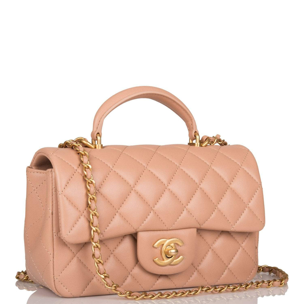 Chanel Mini Rectangular Flap with Top Handle Beige Lambskin Antique Gold Hardware - image 2