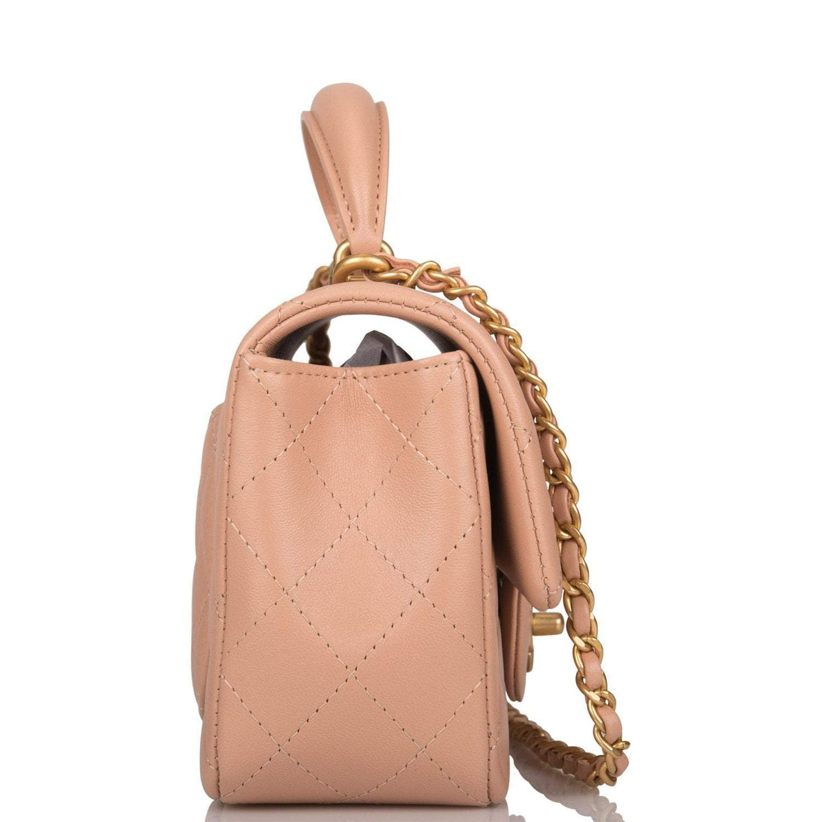 Chanel Mini Rectangular Flap with Top Handle Beige Lambskin Antique Gold Hardware - image 3