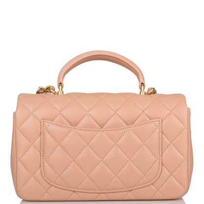 Chanel Mini Rectangular Flap with Top Handle Beige Lambskin Antique Gold Hardware - image 4