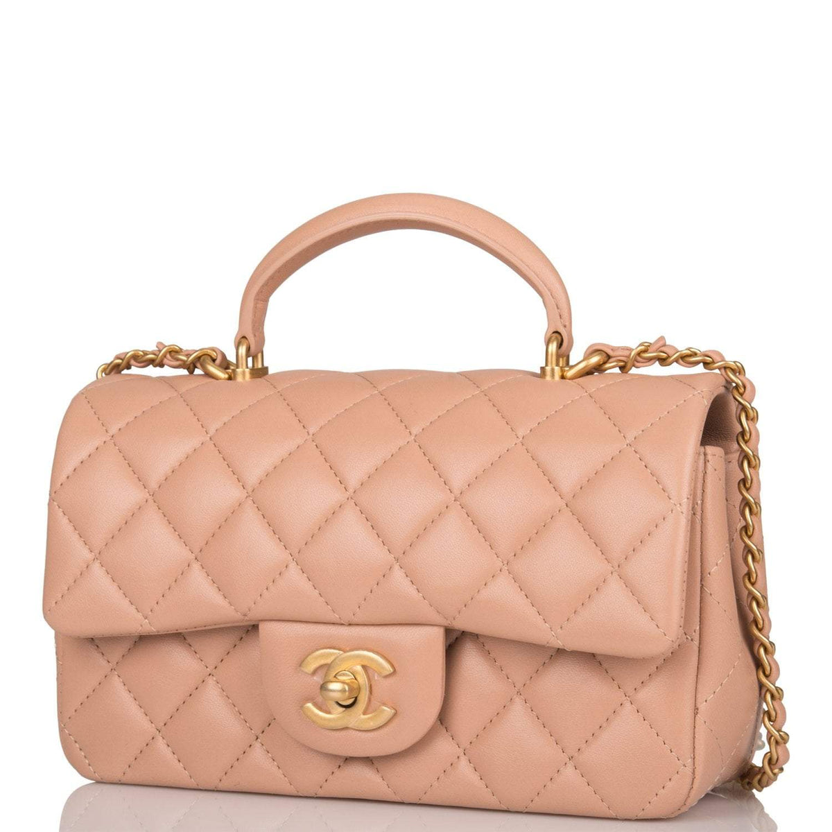 Chanel Mini Rectangular Flap with Top Handle Beige Lambskin Antique Gold Hardware - image 5