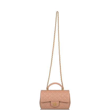 Chanel Mini Rectangular Flap with Top Handle Beige Lambskin Antique Gold Hardware - image 7