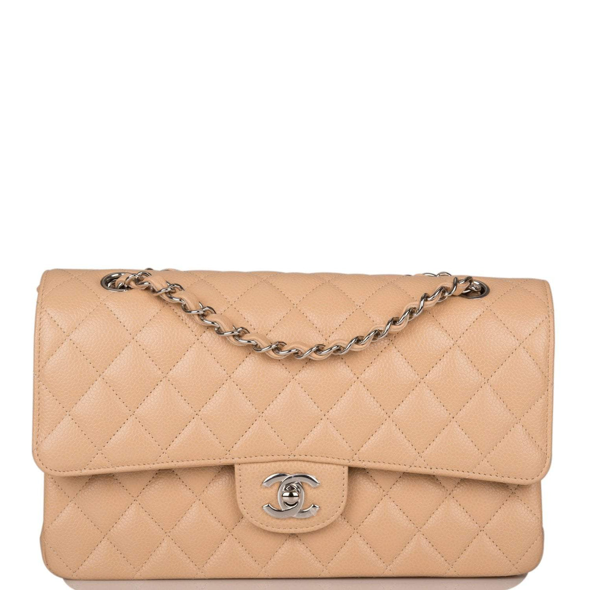 Chanel Medium Classic Double Flap Bag Beige Quilted Caviar Silver Hardware - photo 1