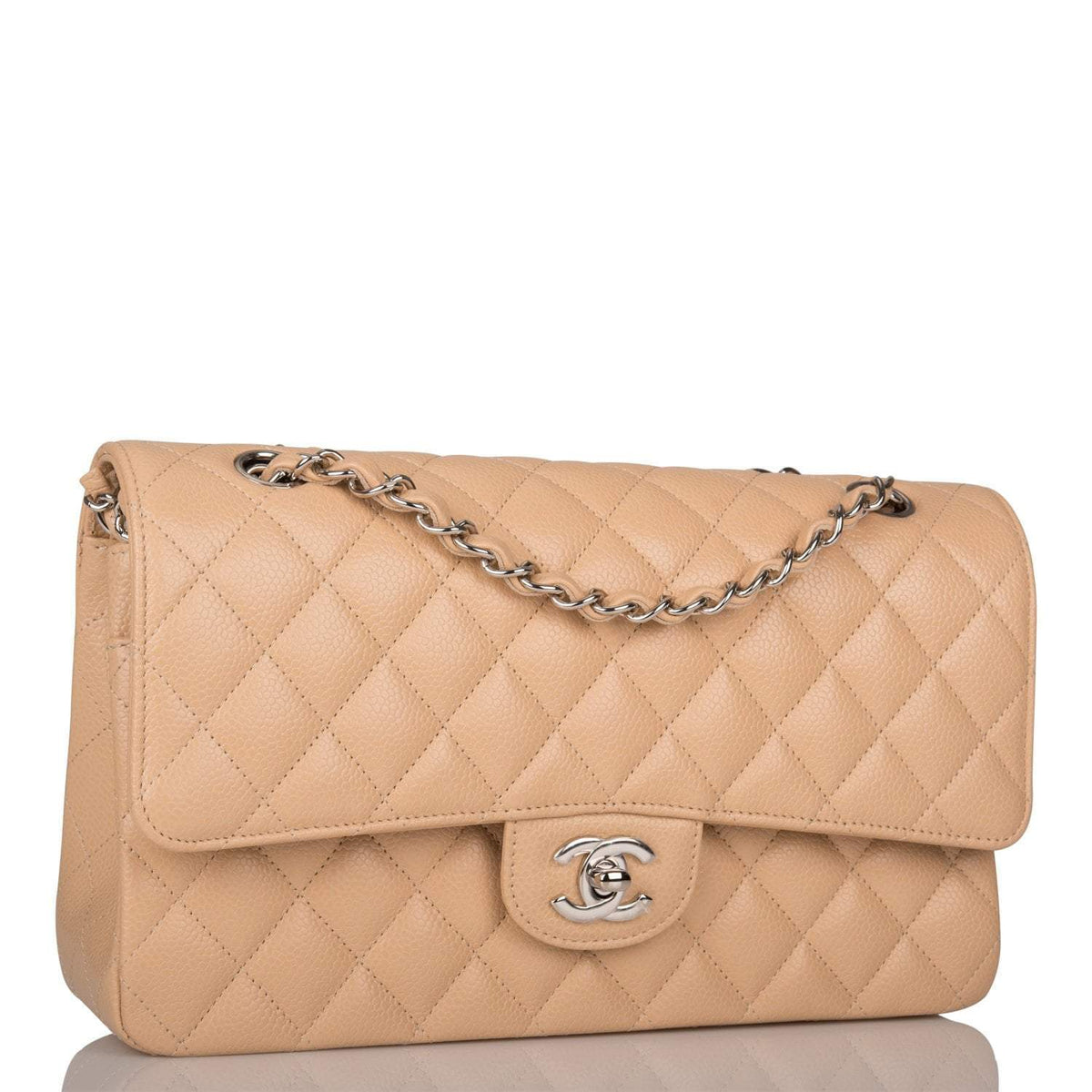 Chanel Medium Classic Double Flap Bag Beige Quilted Caviar Silver Hardware - photo 2