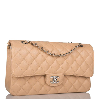 Chanel Medium Classic Double Flap Bag Beige Quilted Caviar Silver Hardware - photo 2
