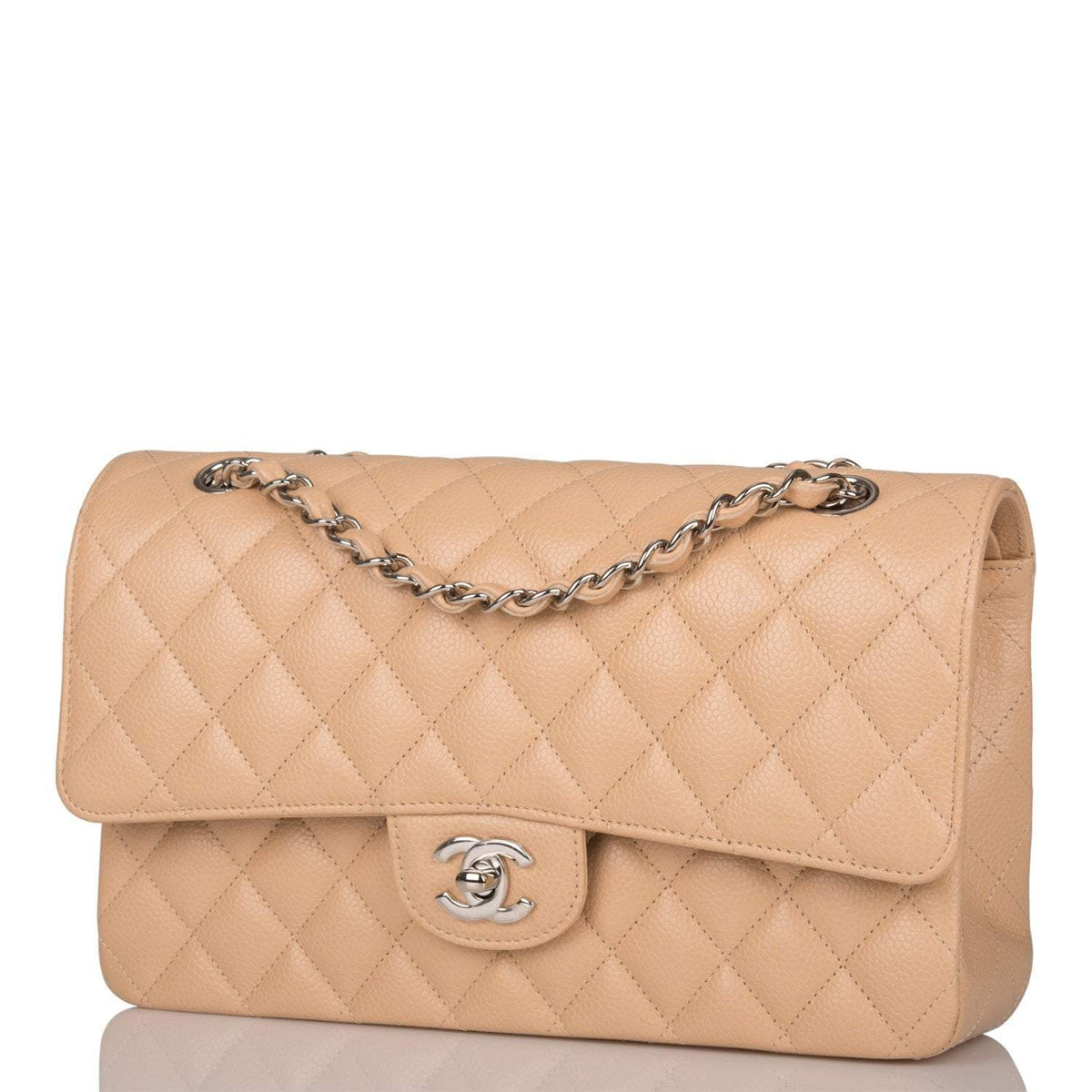 Chanel Medium Classic Double Flap Bag Beige Quilted Caviar Silver Hardware - photo 5