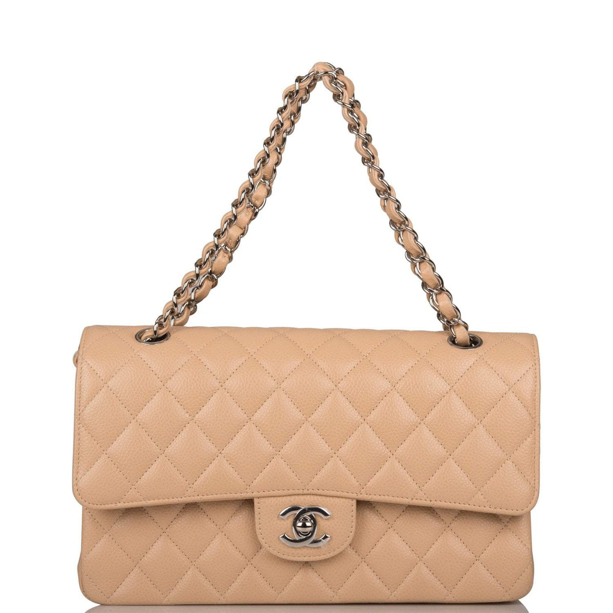 Chanel Medium Classic Double Flap Bag Beige Quilted Caviar Silver Hardware - photo 7