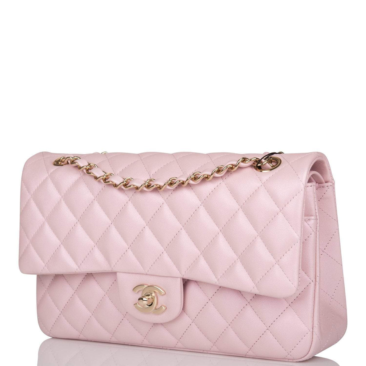 Chanel Medium Classic Double Flap Bag Pink Iridescent Lambskin Light Gold Hardware - photo 5