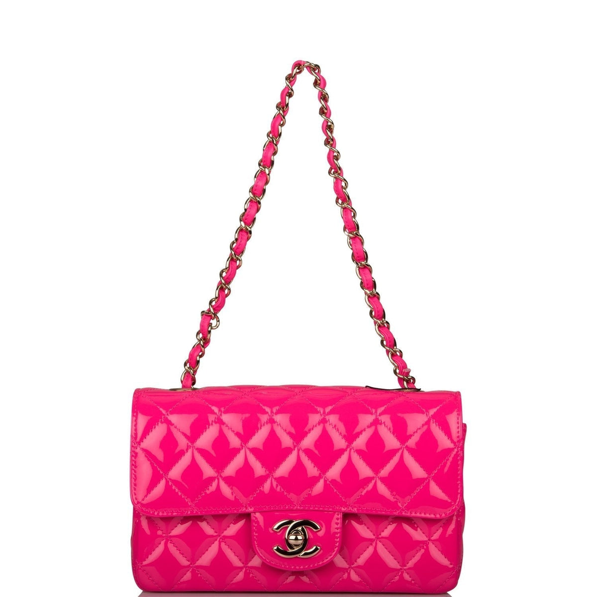 Chanel Pink Quilted Patent Rectangular Mini Classic Flap Bag Light Gold Hardware - image 6