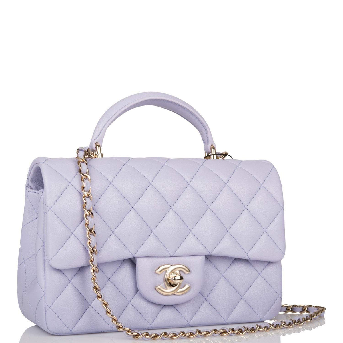Chanel Rectangular Mini Flap Bag with Top Handle Lavender Quilted Lambskin Light Gold Hardware - image 1