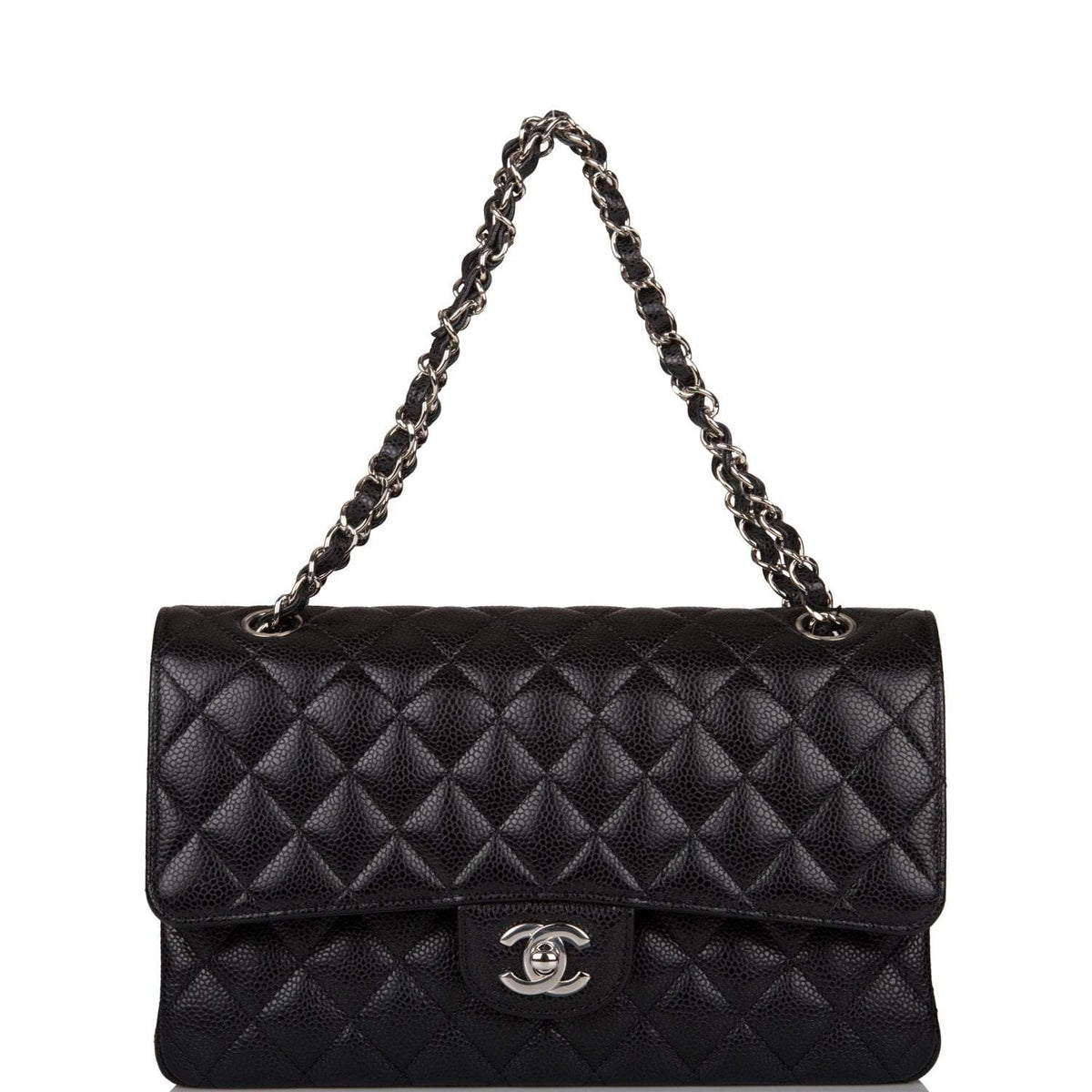Chanel Medium Classic Double Flap Bag Black Quilted Caviar Silver Hardware - photo 1