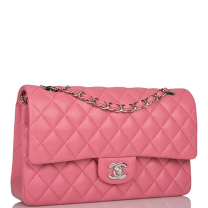 Chanel Medium Classic Double Flap Bag Rose Quilted Lambskin Silver Hardware - photo 2
