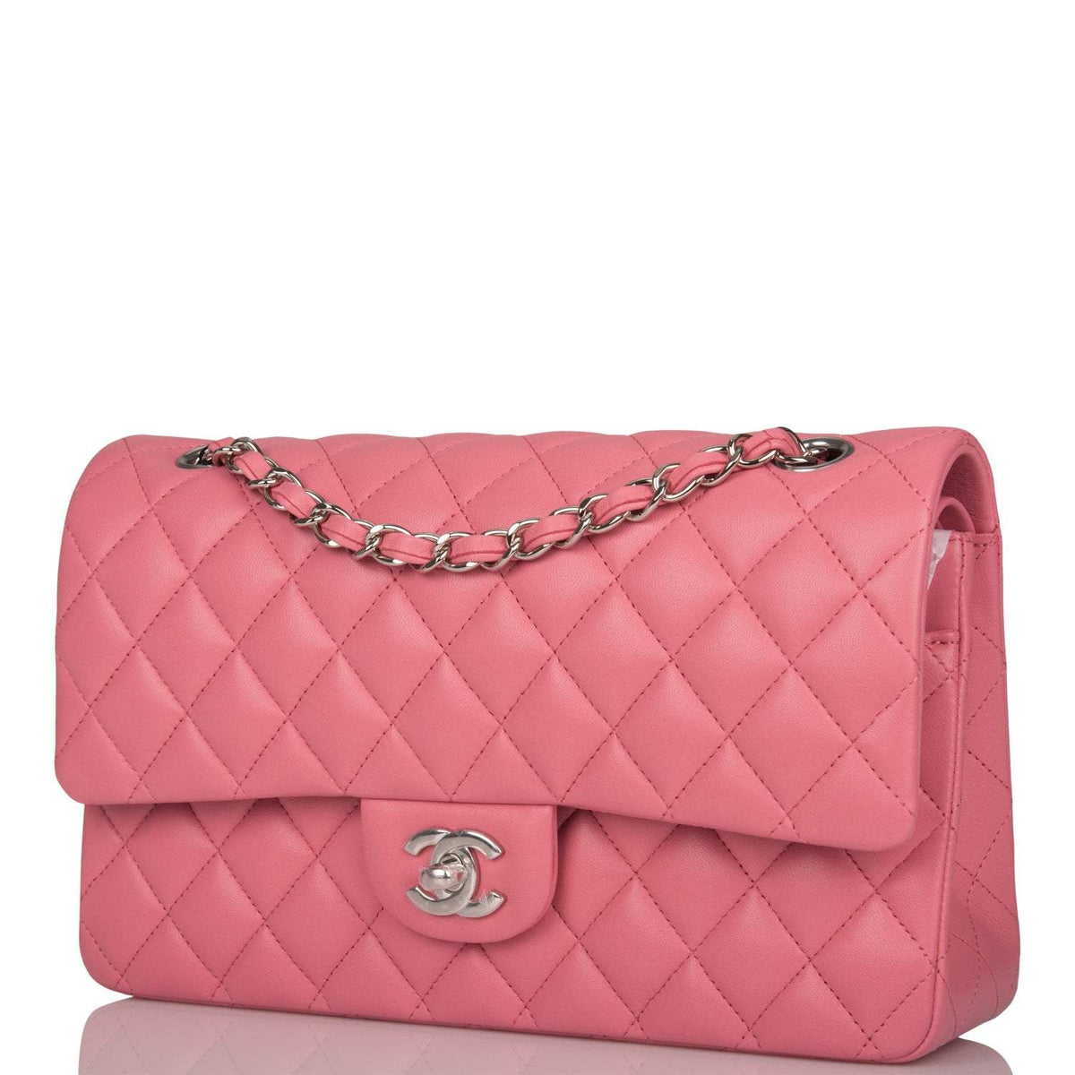 Chanel Medium Classic Double Flap Bag Rose Quilted Lambskin Silver Hardware - photo 5