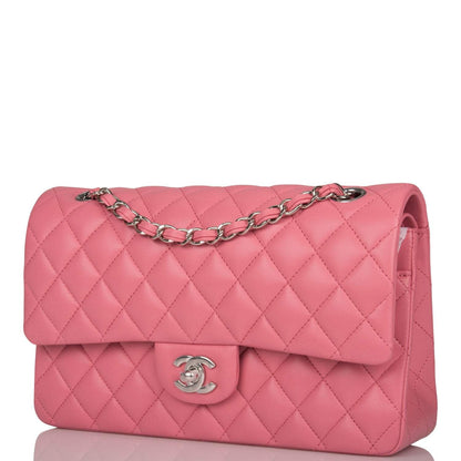 Chanel Medium Classic Double Flap Bag Rose Quilted Lambskin Silver Hardware - photo 5