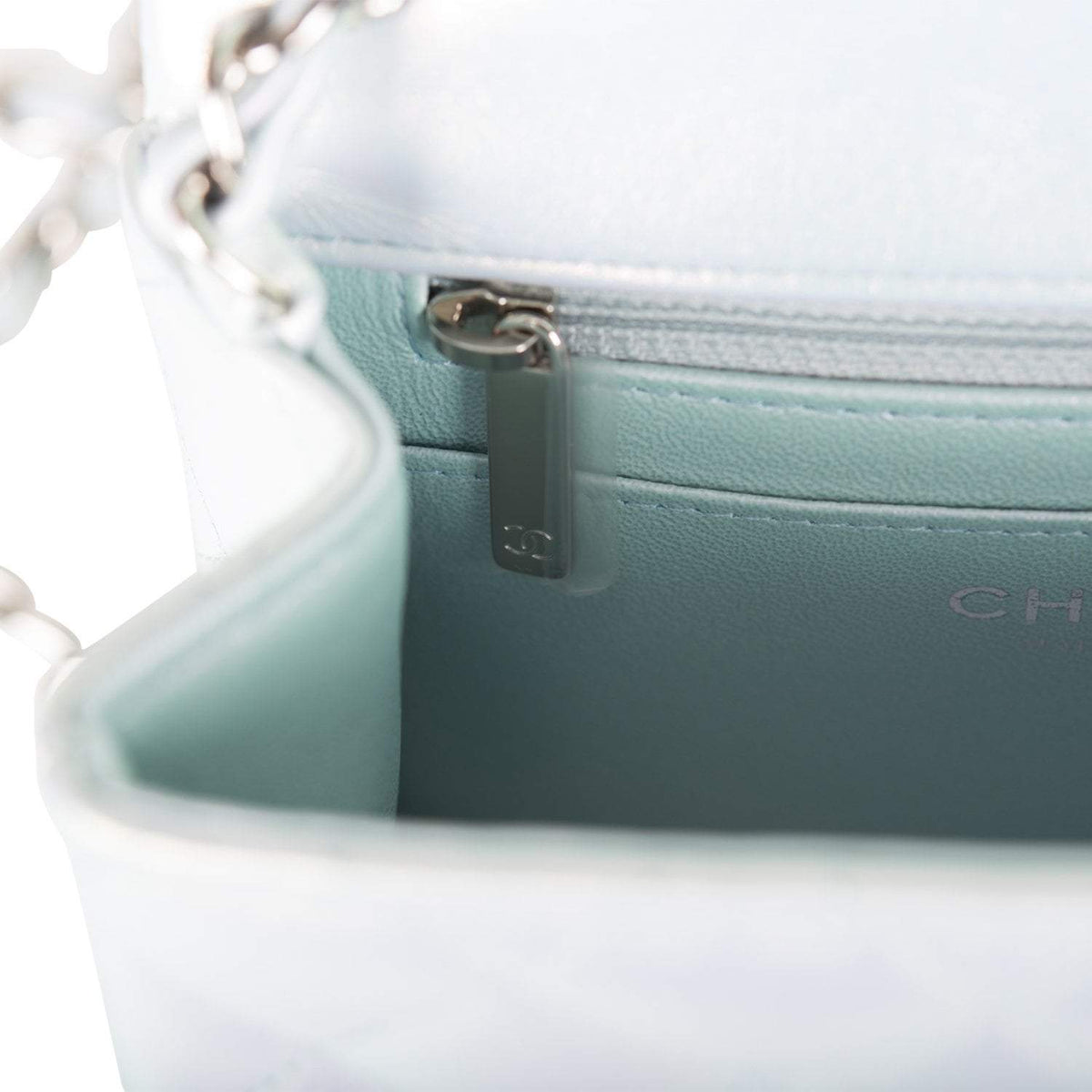 Chanel Mini Square Flap Bag Blue Iridescent Lambskin Silver Hardware - photo 9