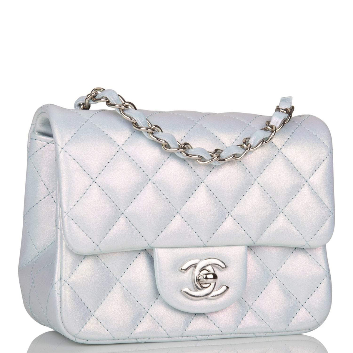 Chanel Mini Square Flap Bag Blue Iridescent Lambskin Silver Hardware - photo 2