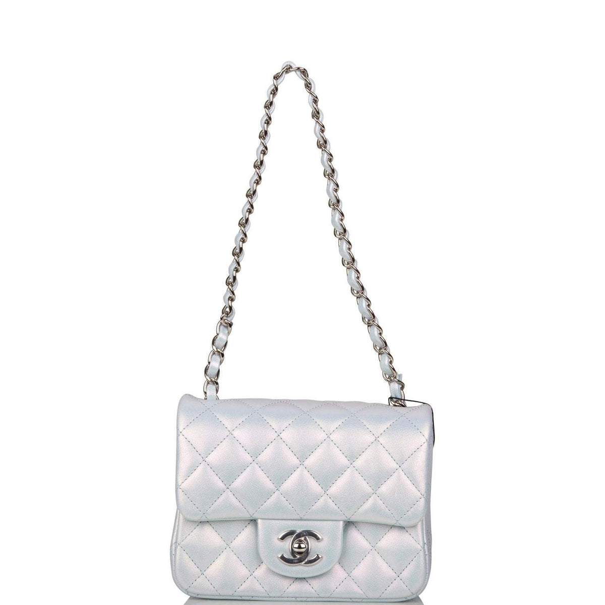 Chanel Mini Square Flap Bag Blue Iridescent Lambskin Silver Hardware - image 6
