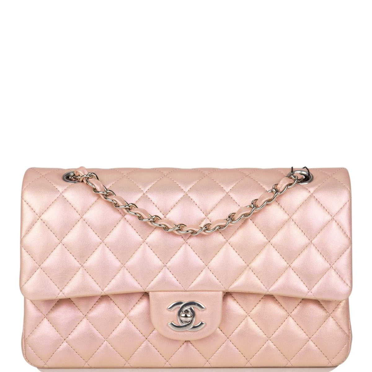 Chanel Medium Classic Double Flap Bag Pink Iridescent Lambskin Silver Hardware - photo 2