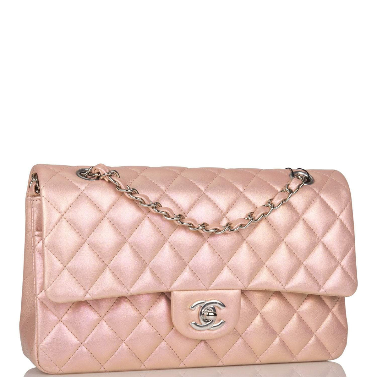 Chanel Medium Classic Double Flap Bag Pink Iridescent Lambskin Silver Hardware - photo 4