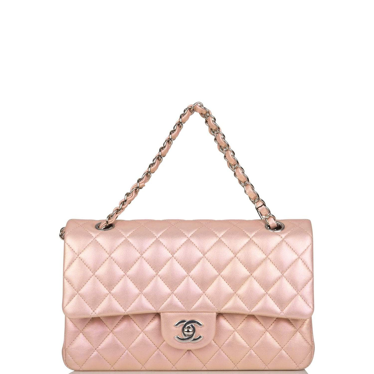 Chanel Medium Classic Double Flap Bag Pink Iridescent Lambskin Silver Hardware - photo 1