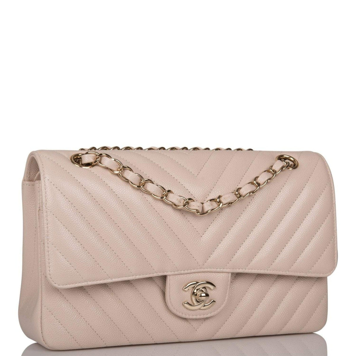 Chanel Shiny Beige Chevron Caviar Medium Classic Double Flap Bag Light Gold Hardware - image 1