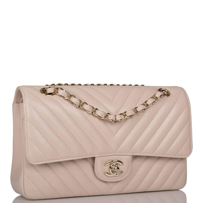 Chanel Shiny Beige Chevron Caviar Medium Classic Double Flap Bag Light Gold Hardware - image 1