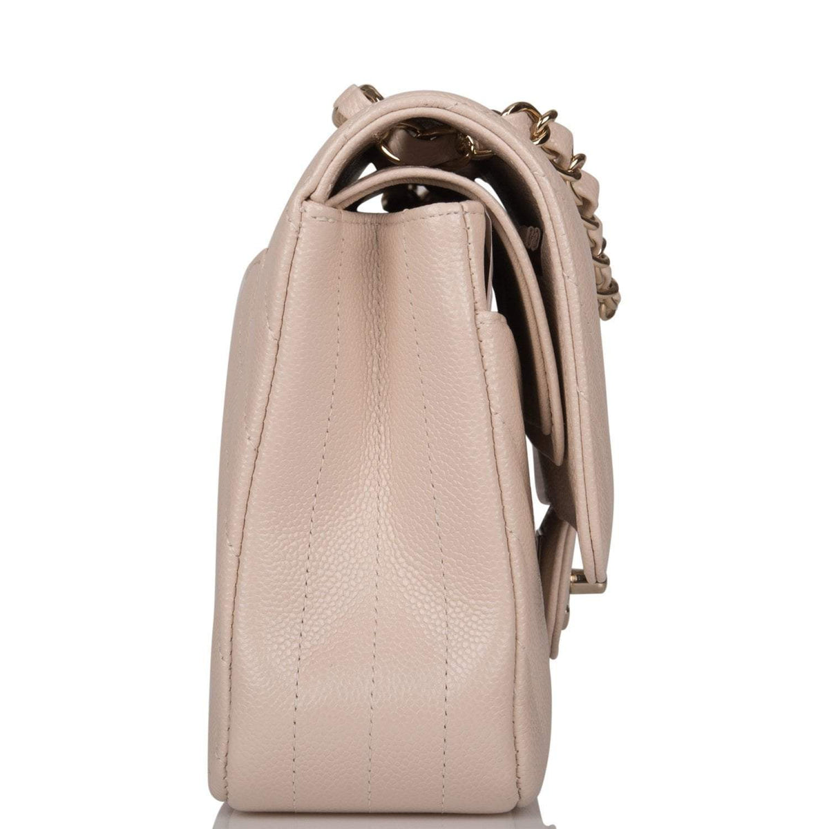 Chanel Shiny Beige Chevron Caviar Medium Classic Double Flap Bag Light Gold Hardware - image 4