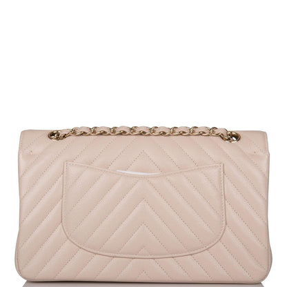 Chanel Shiny Beige Chevron Caviar Medium Classic Double Flap Bag Light Gold Hardware - image 5