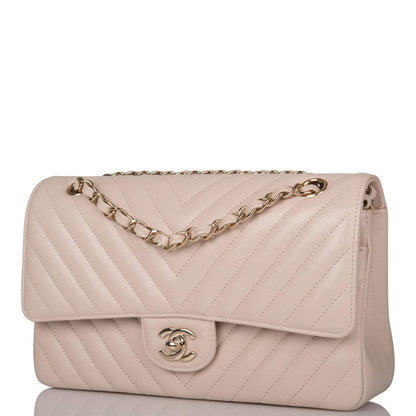Chanel Shiny Beige Chevron Caviar Medium Classic Double Flap Bag Light Gold Hardware - image 3