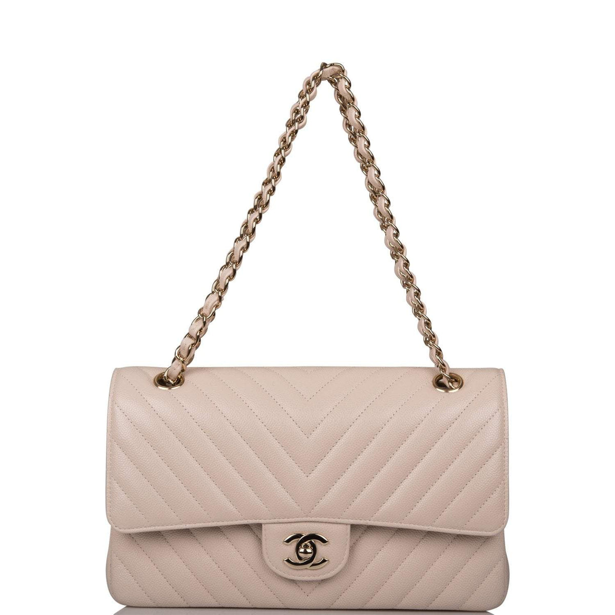 Chanel Shiny Beige Chevron Caviar Medium Classic Double Flap Bag Light Gold Hardware - image 2