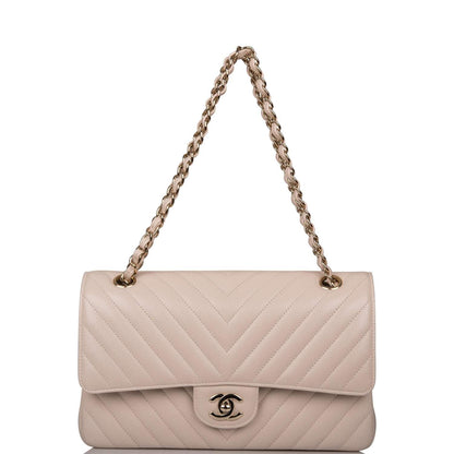 Chanel Shiny Beige Chevron Caviar Medium Classic Double Flap Bag Light Gold Hardware - image 2