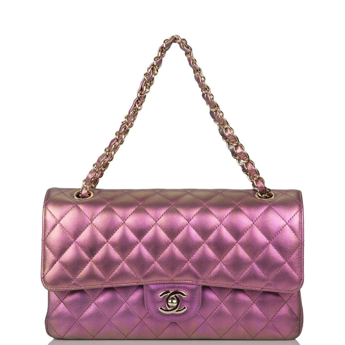 Chanel Purple Iridescent Quilted Lambskin Medium Classic Double Flap Bag Light Gold Hardware - image 3