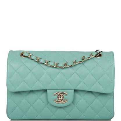 Chanel Light Green Quilted Caviar Small Classic Double Flap Bag Light Gold Hardware - photo 1