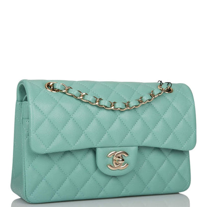 Chanel Light Green Quilted Caviar Small Classic Double Flap Bag Light Gold Hardware - photo 2