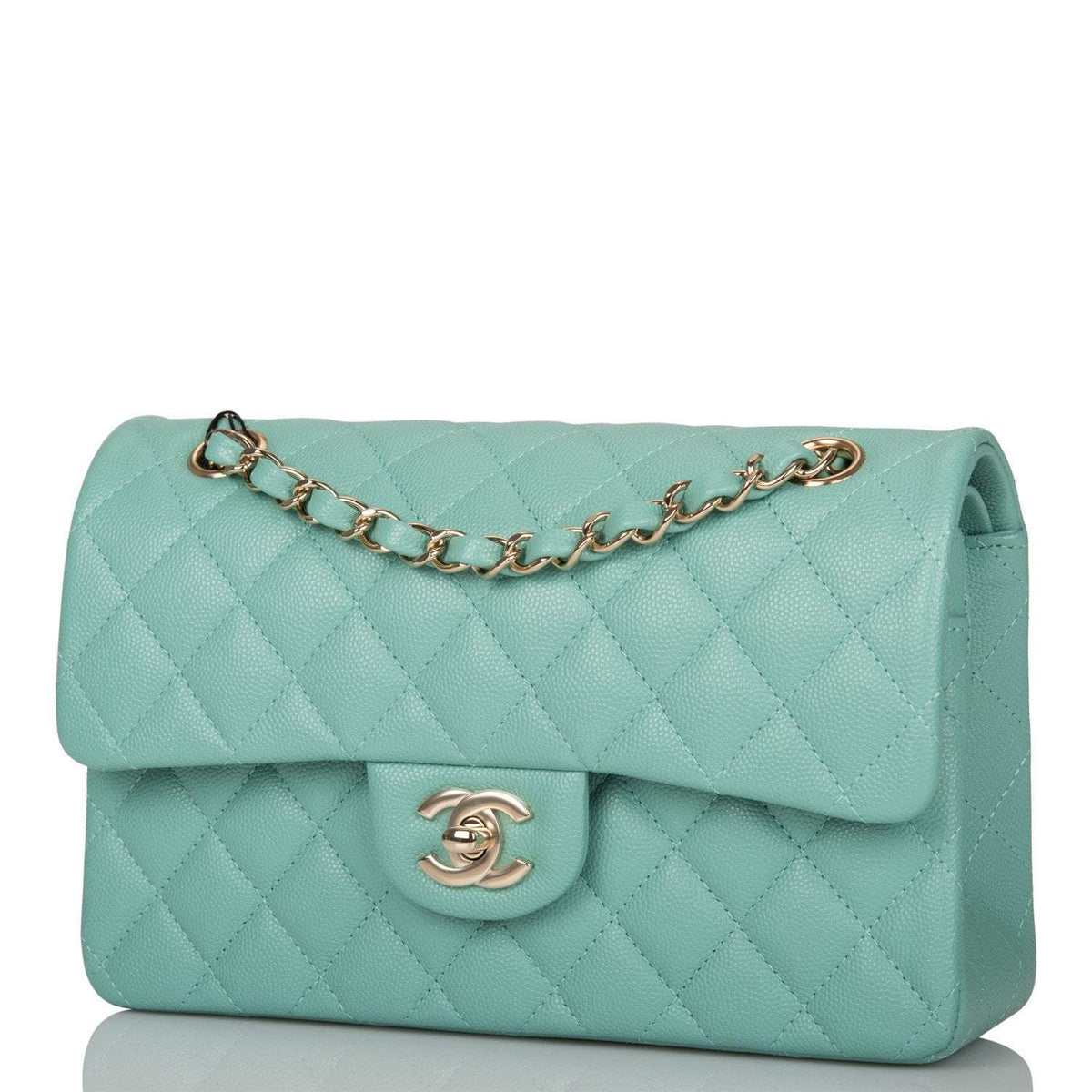 Chanel Light Green Quilted Caviar Small Classic Double Flap Bag Light Gold Hardware - photo 5