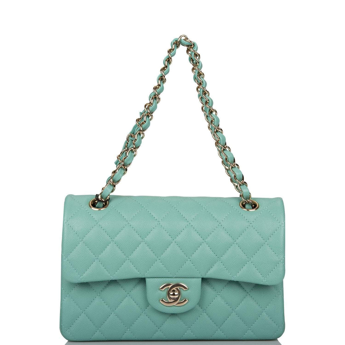 Chanel Light Green Quilted Caviar Small Classic Double Flap Bag Light Gold Hardware - photo 7