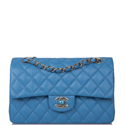 Chanel Blue Quilted Caviar Small Classic Double Flap Bag Light Gold Hardware - image 1