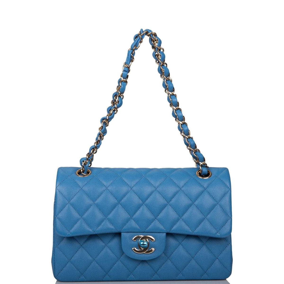 Chanel Blue Quilted Caviar Small Classic Double Flap Bag Light Gold Hardware - image 6