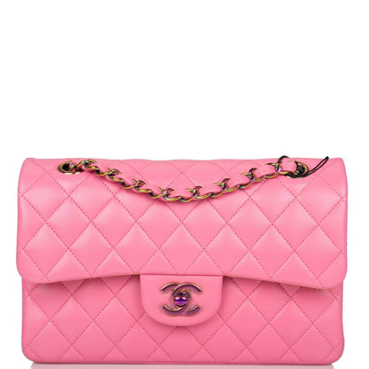 Chanel Pink Quilted Lambskin Small Classic Double Flap Bag Rainbow Hardware - image 1