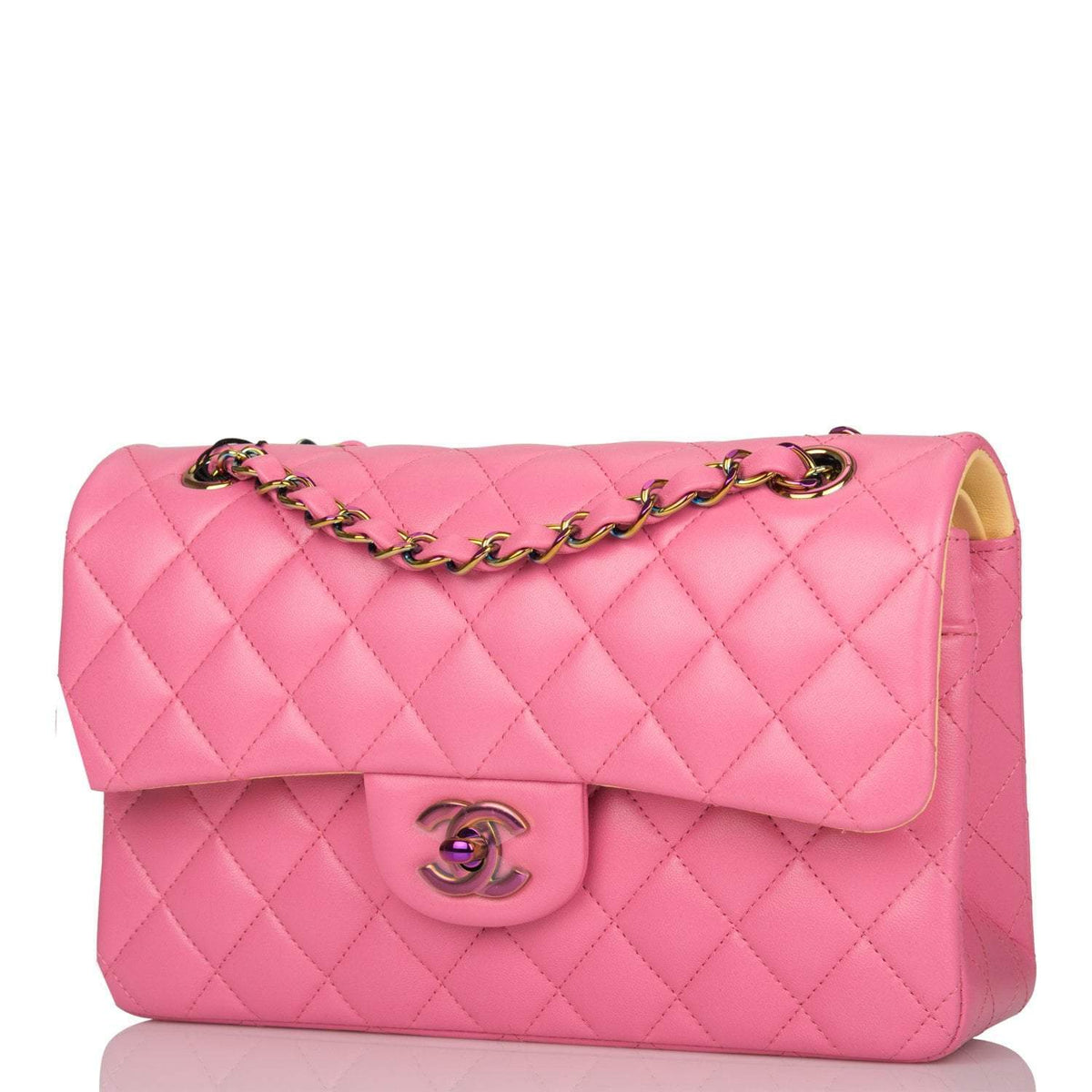 Chanel Pink Quilted Lambskin Small Classic Double Flap Bag Rainbow Hardware - image 5
