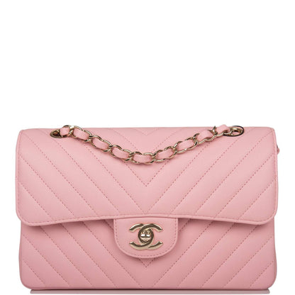 Chanel Pink Chevron Caviar Small Classic Double Flap Bag Light Gold Hardware - photo 1