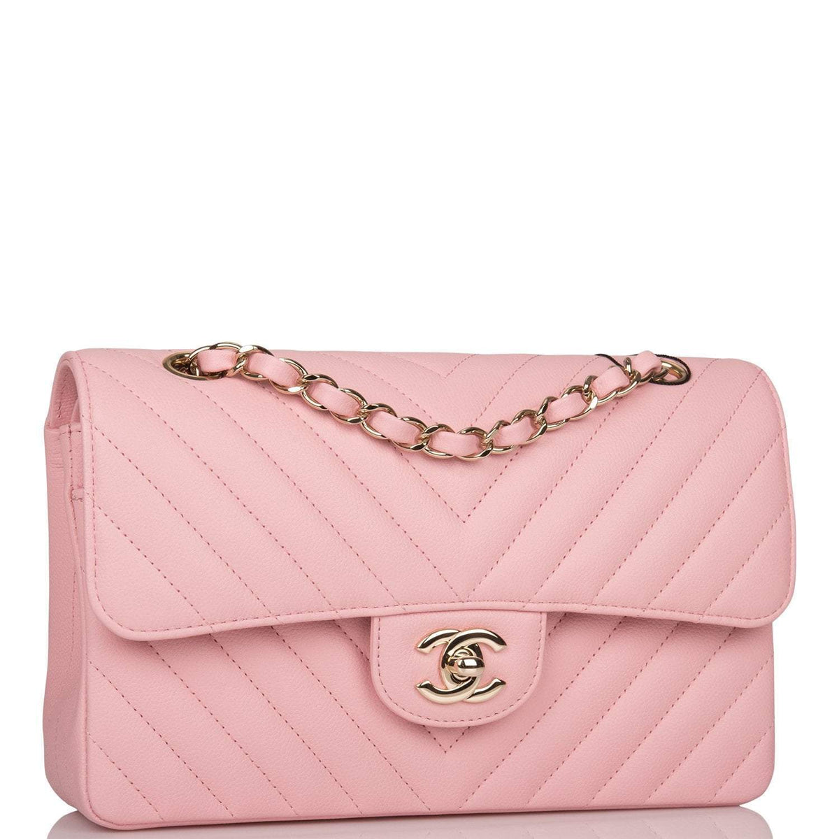 Chanel Pink Chevron Caviar Small Classic Double Flap Bag Light Gold Hardware - photo 2